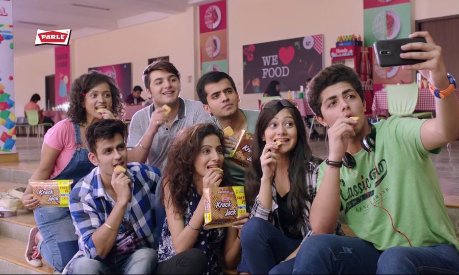 Pranali and the ensemble taking a selfie in the Parle Krackjack commercial.